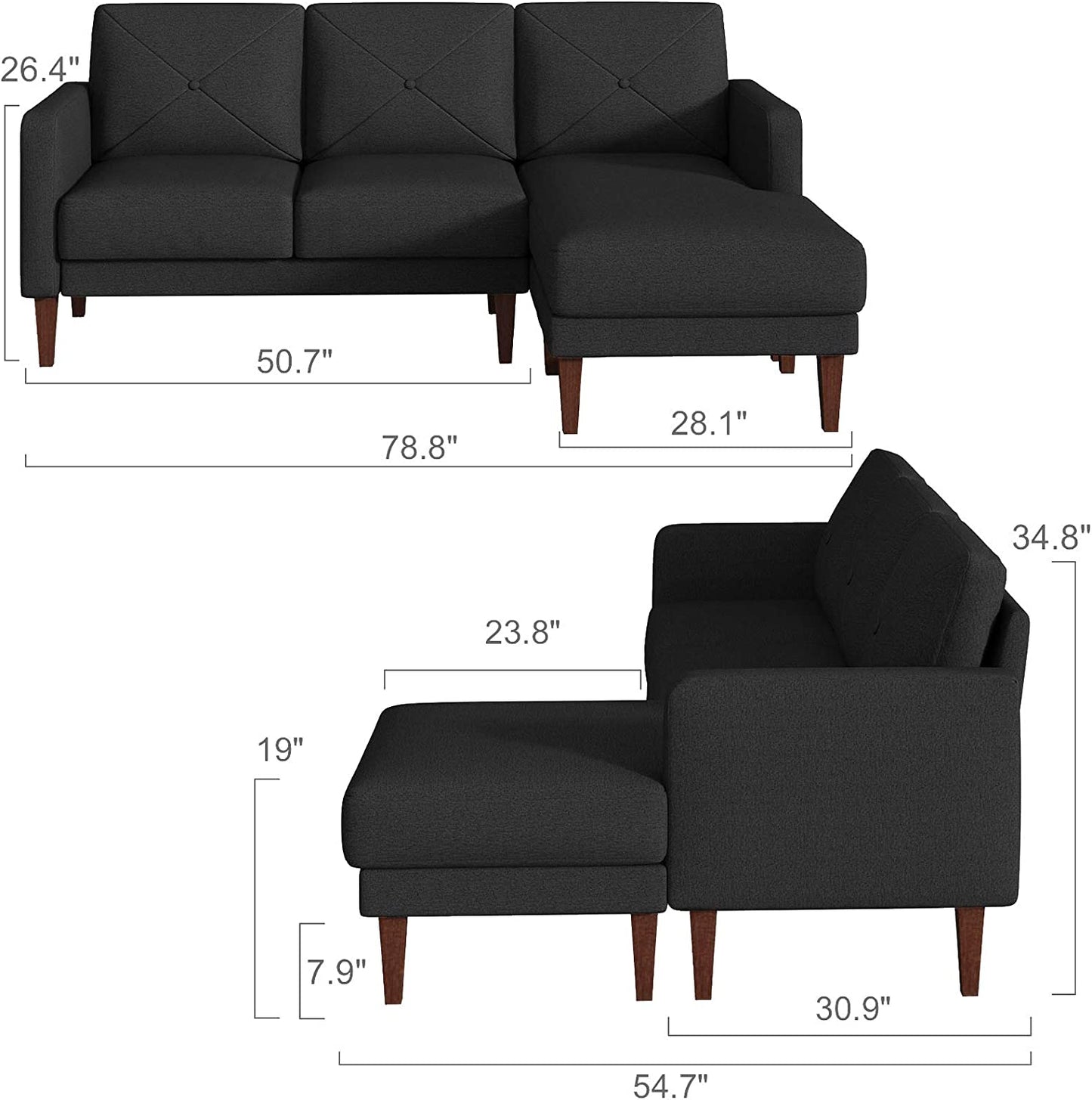Convertible Sectional L Shaped Sofa with Chaise - Dark Grey