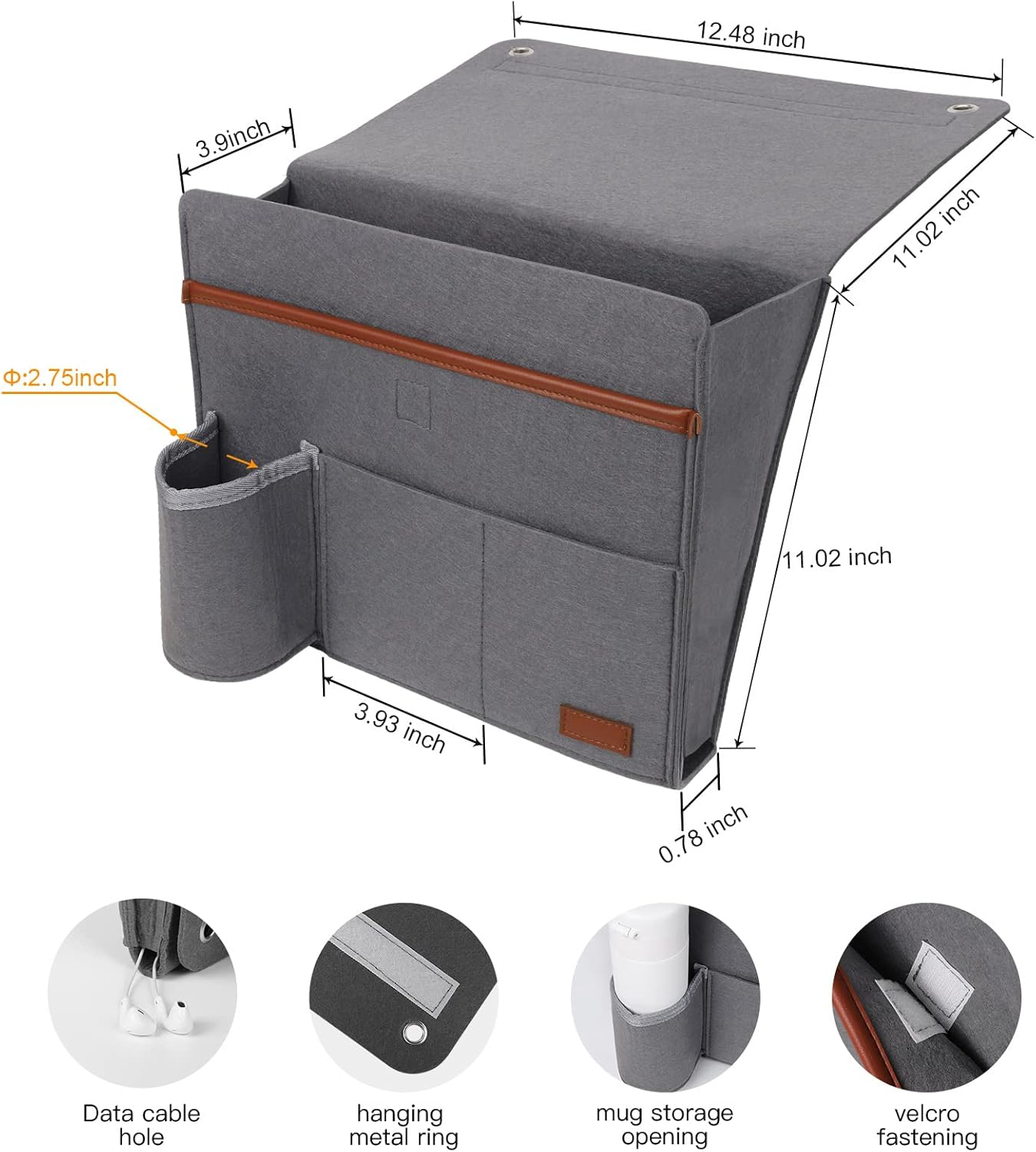 Bedside Caddy Organizer - Felt Storage Basket for Bed, Sofa & Magazine Holder