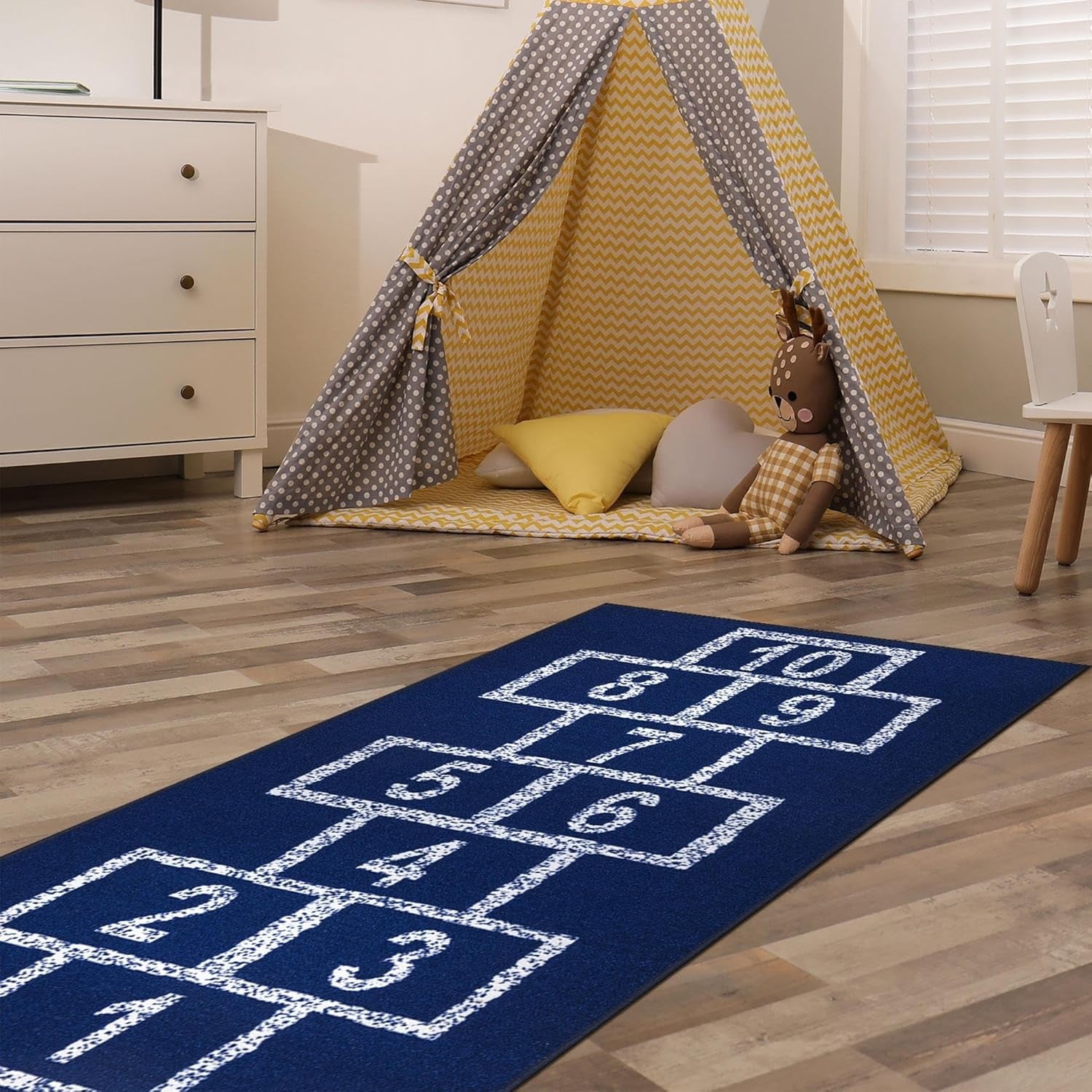 2'7" X 6' Hopscotch Kids Rug - Play Mat for Playroom, Bedroom, Daycare & Classroom - Fun & Interactive Game Carpet - Durable and Non-Slip - Perfect for Learning & High-Traffic Areas, Navy