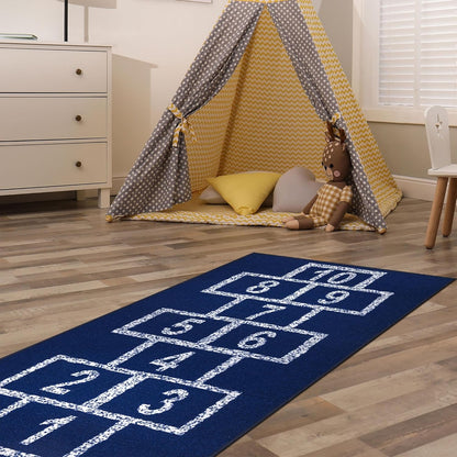2'7" X 6' Hopscotch Kids Rug - Play Mat for Playroom, Bedroom, Daycare & Classroom - Fun & Interactive Game Carpet - Durable and Non-Slip - Perfect for Learning & High-Traffic Areas, Navy