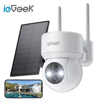 Security Cameras Wireless Outdoor, 2K Wifi Solar Camera for Home Surveillance, 360 View PTZ, Battery Powered, Color Night Vision, Motion Sensor