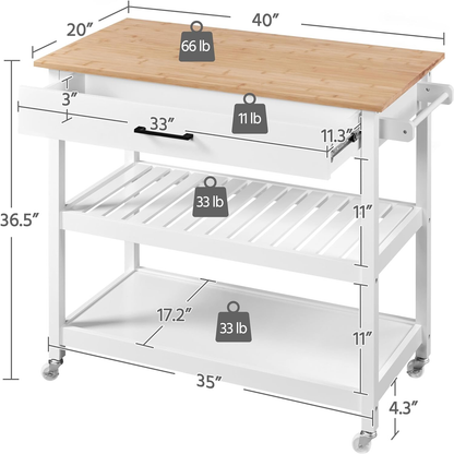 40" Kitchen Island Cart on Wheels White - Rolling Storage Cabinet with Drawers