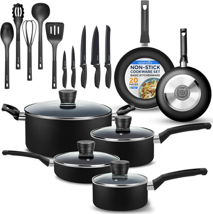 20-Piece Nonstick Kitchen Cookware Set - PTFE/PFOA/PFOS Free Heat Resistant Lacquer Kitchen Ware Pots Pan Set W/Bakelite Handles, Saucepan, Frying Pans, Lid, Knife Set -  SLCW20BLK (Black)