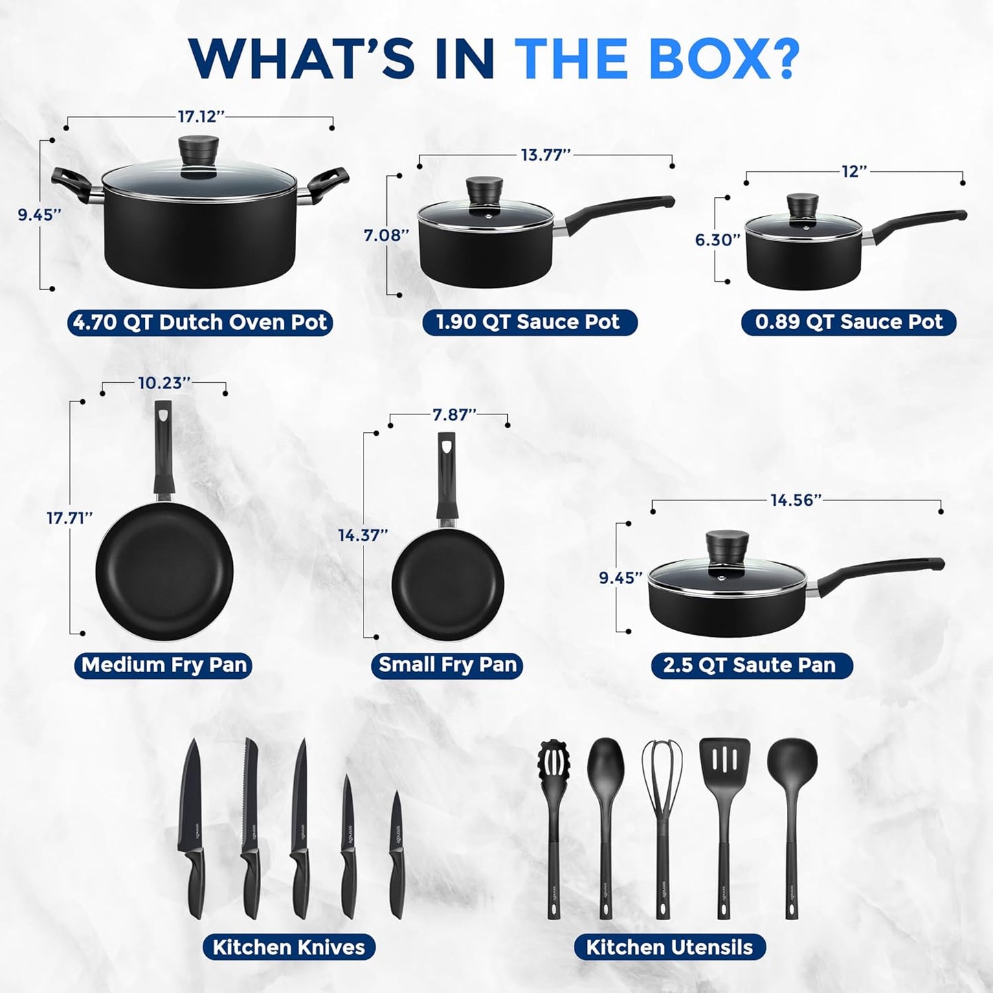 20-Piece Nonstick Kitchen Cookware Set - PTFE/PFOA/PFOS Free Heat Resistant Lacquer Kitchen Ware Pots Pan Set W/Bakelite Handles, Saucepan, Frying Pans, Lid, Knife Set -  SLCW20BLK (Black)