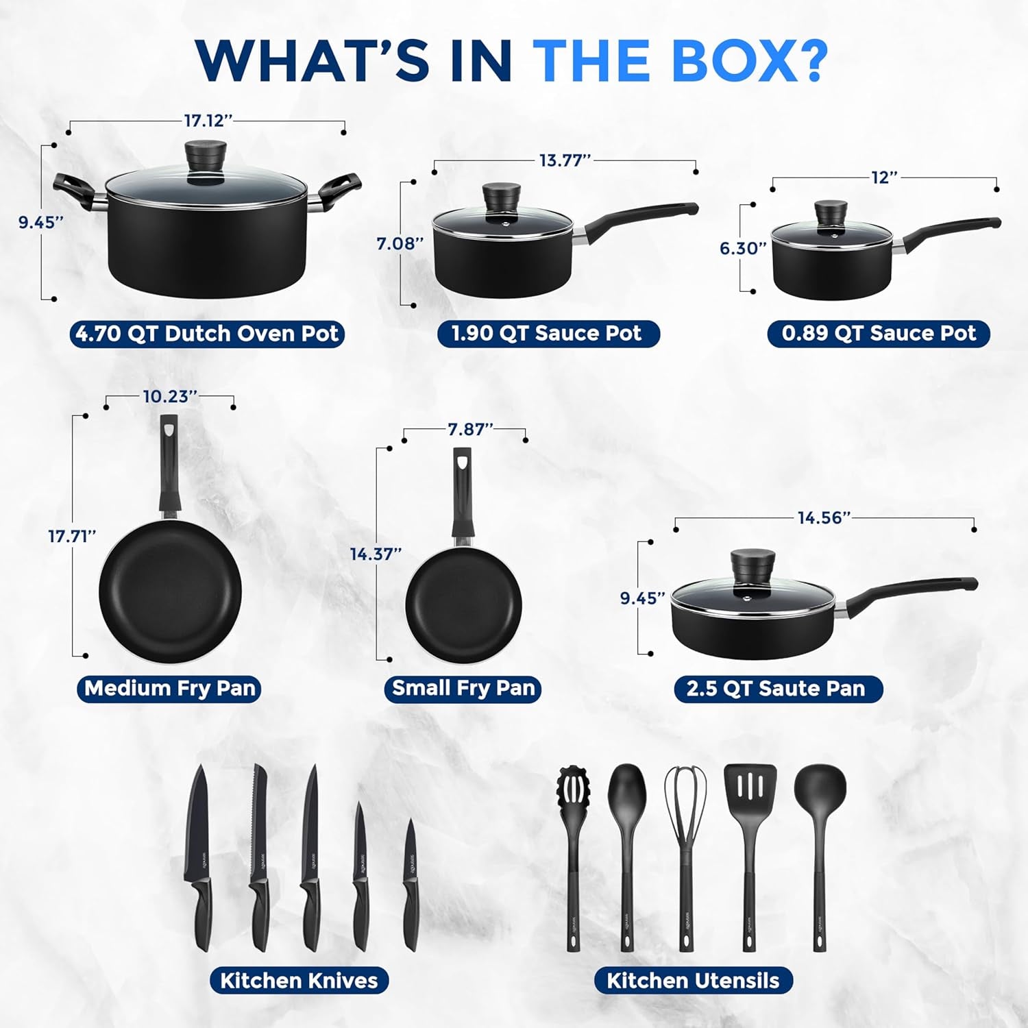 20-Piece Nonstick Kitchen Cookware Set - PTFE/PFOA/PFOS Free Heat Resistant Lacquer Kitchen Ware Pots Pan Set W/Bakelite Handles, Saucepan, Frying Pans, Lid, Knife Set -  SLCW20BLK (Black)