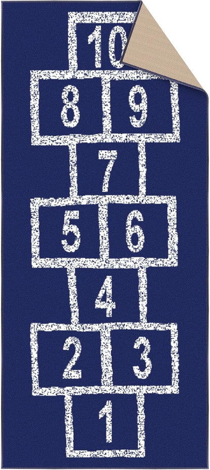 2'7" X 6' Hopscotch Kids Rug - Play Mat for Playroom, Bedroom, Daycare & Classroom - Fun & Interactive Game Carpet - Durable and Non-Slip - Perfect for Learning & High-Traffic Areas, Navy