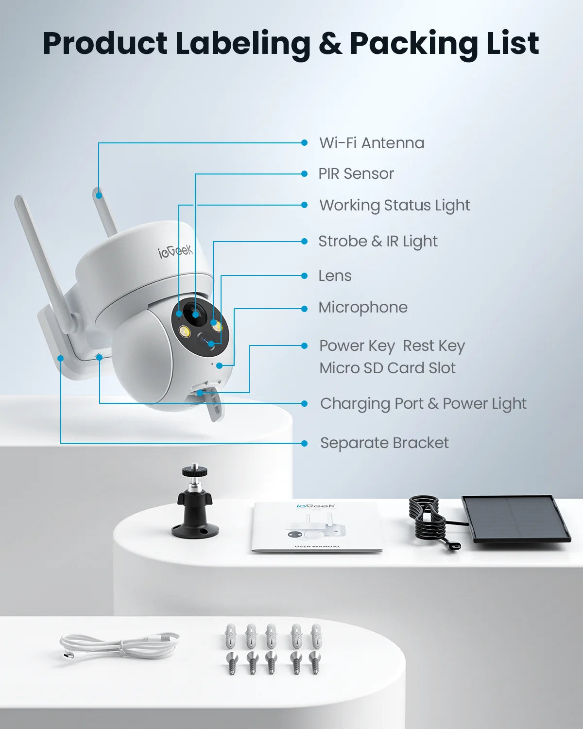 Security Cameras Wireless Outdoor, 2K Wifi Solar Camera for Home Surveillance, 360 View PTZ, Battery Powered, Color Night Vision, Motion Sensor