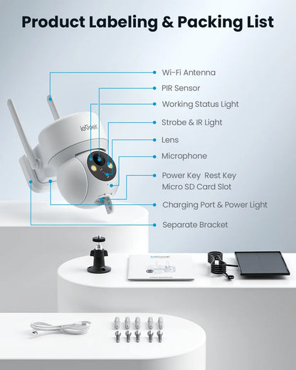 Security Cameras Wireless Outdoor, 2K Wifi Solar Camera for Home Surveillance, 360 View PTZ, Battery Powered, Color Night Vision, Motion Sensor