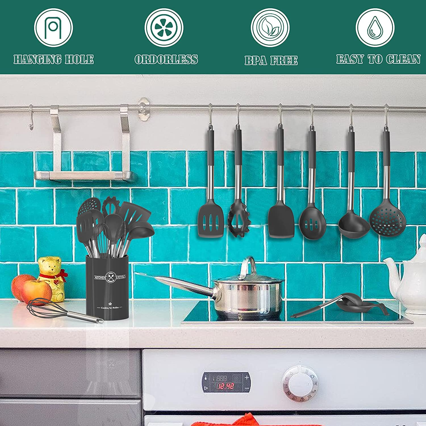 43-Piece Silicone Kitchen Utensil Set Grey - Complete Cooking Tools & Gadgets