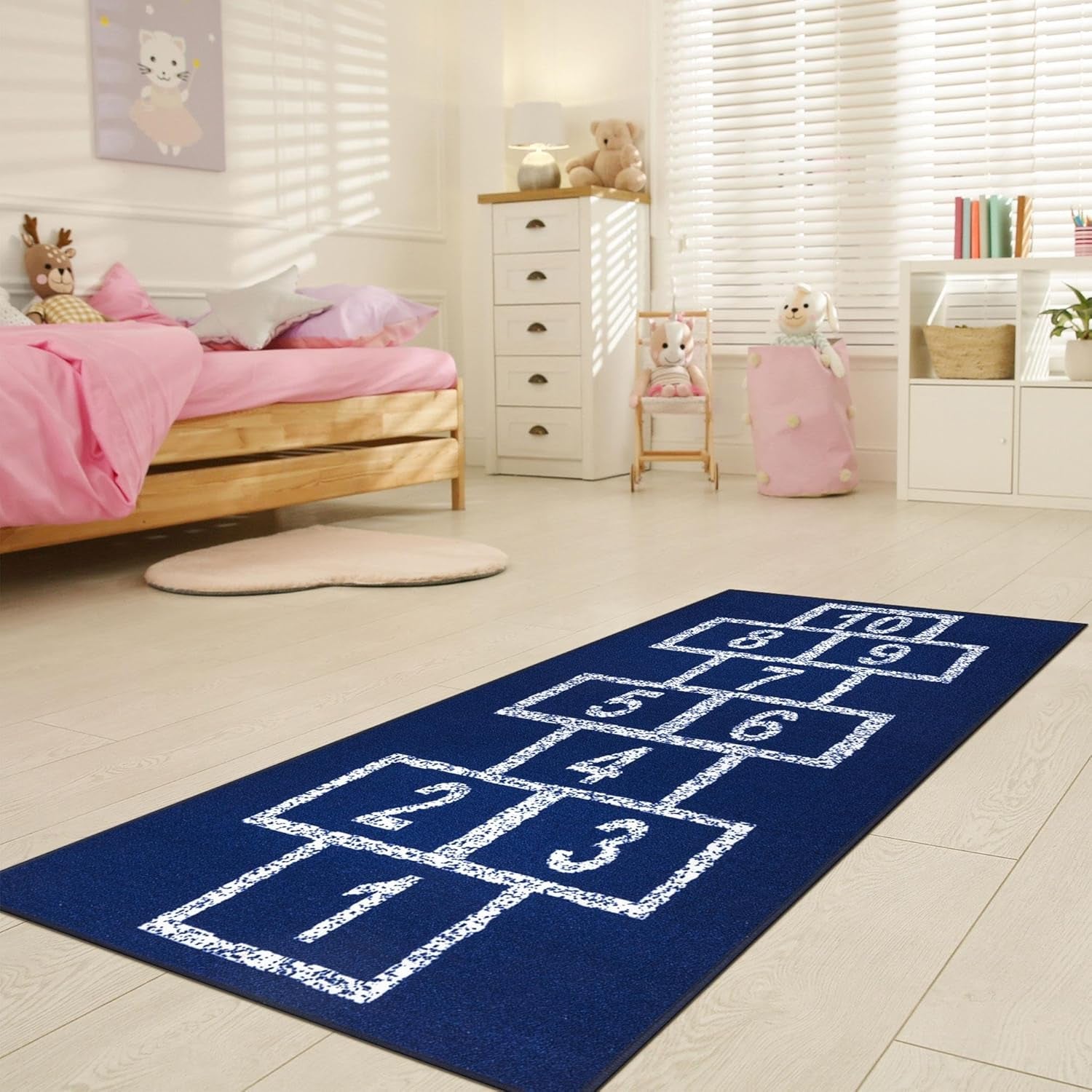 2'7" X 6' Hopscotch Kids Rug - Play Mat for Playroom, Bedroom, Daycare & Classroom - Fun & Interactive Game Carpet - Durable and Non-Slip - Perfect for Learning & High-Traffic Areas, Navy