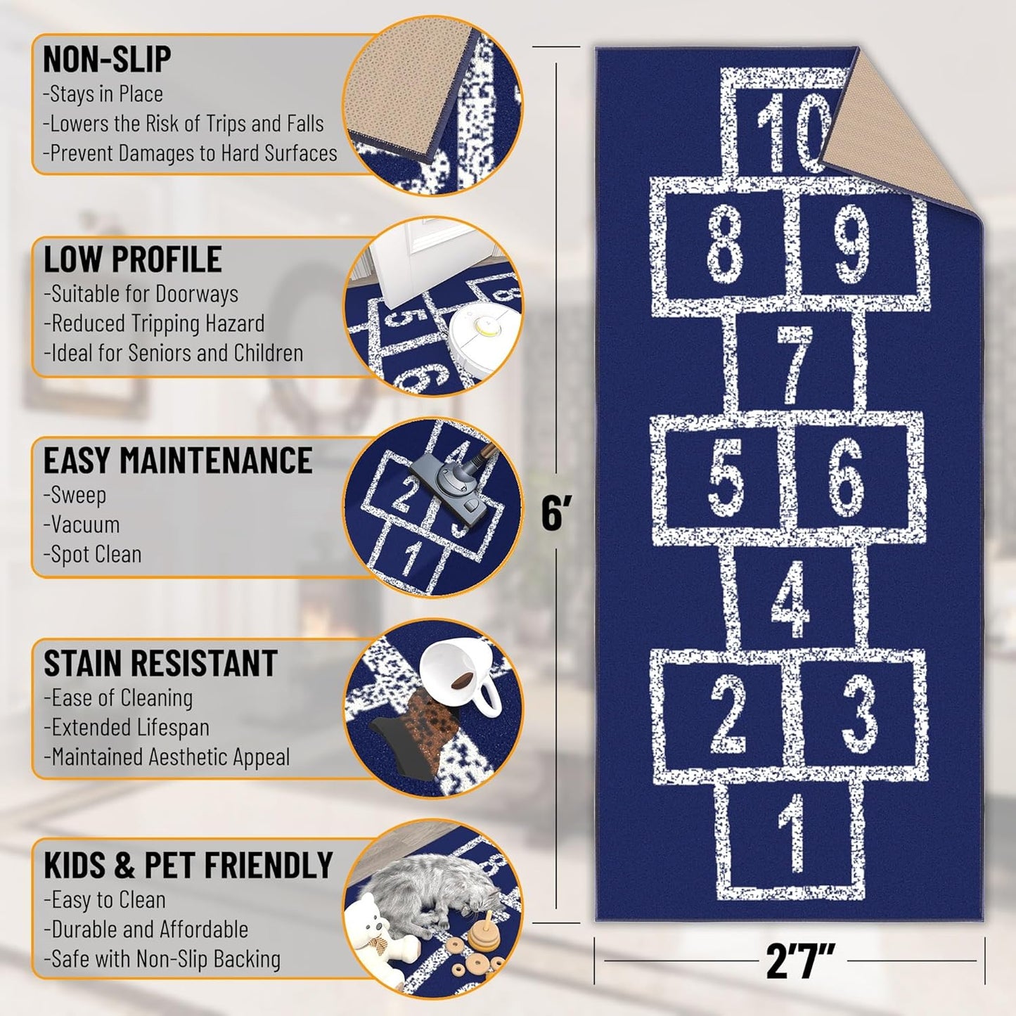 2'7" X 6' Hopscotch Kids Rug - Play Mat for Playroom, Bedroom, Daycare & Classroom - Fun & Interactive Game Carpet - Durable and Non-Slip - Perfect for Learning & High-Traffic Areas, Navy