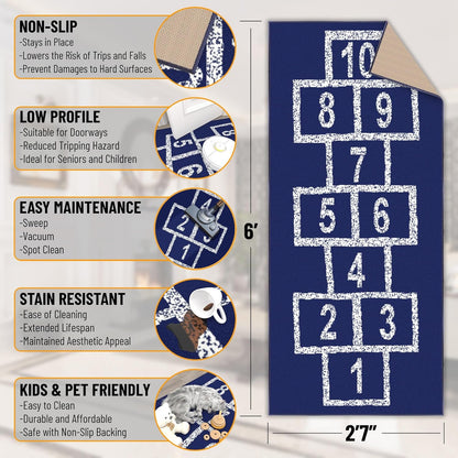 2'7" X 6' Hopscotch Kids Rug - Play Mat for Playroom, Bedroom, Daycare & Classroom - Fun & Interactive Game Carpet - Durable and Non-Slip - Perfect for Learning & High-Traffic Areas, Navy