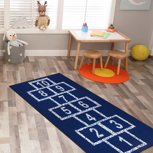 2'7" X 6' Hopscotch Kids Rug - Play Mat for Playroom, Bedroom, Daycare & Classroom - Fun & Interactive Game Carpet - Durable and Non-Slip - Perfect for Learning & High-Traffic Areas, Navy