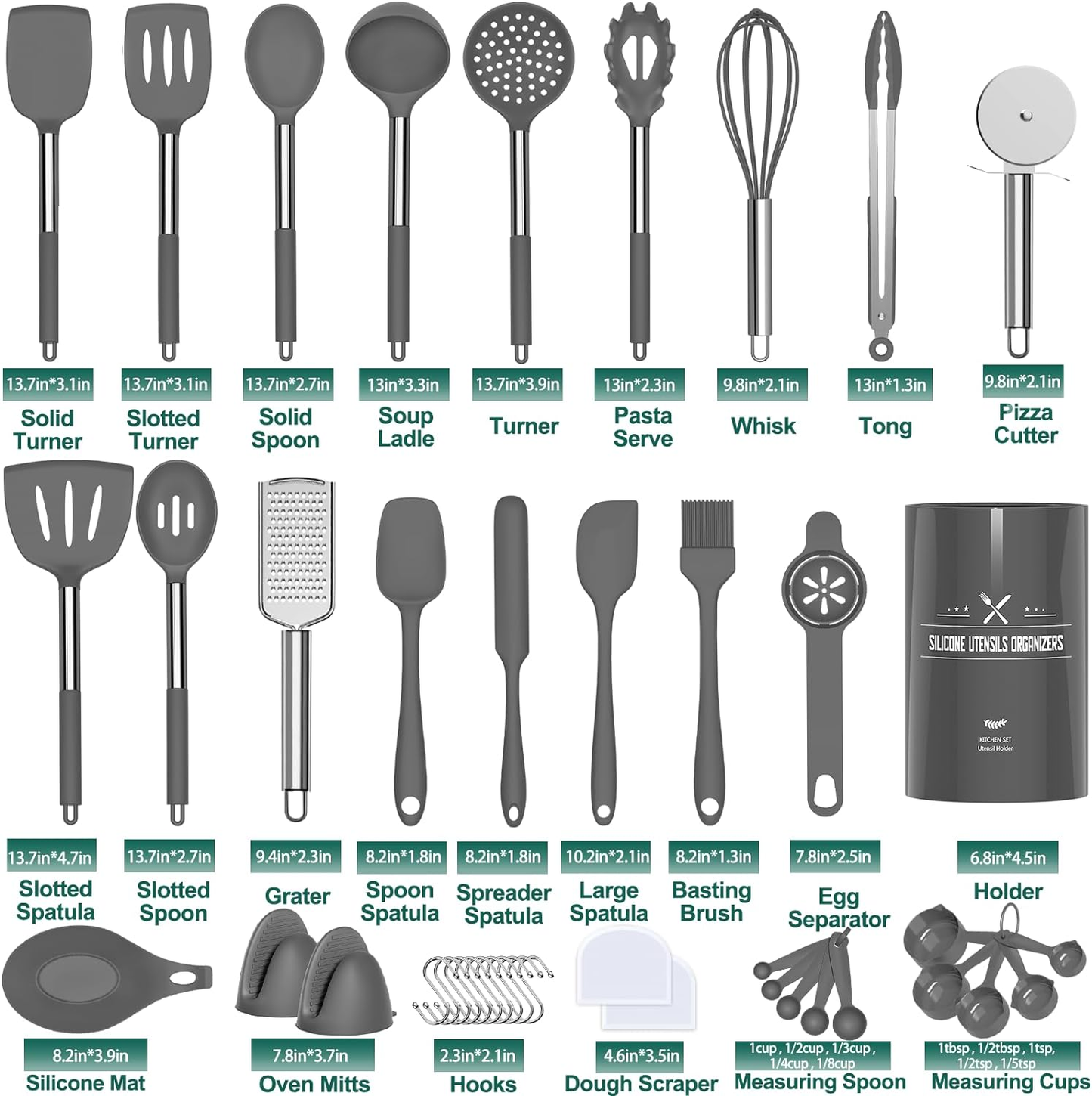 43-Piece Silicone Kitchen Utensil Set Grey - Complete Cooking Tools & Gadgets