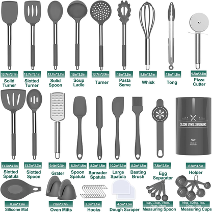 43-Piece Silicone Kitchen Utensil Set Grey - Complete Cooking Tools & Gadgets